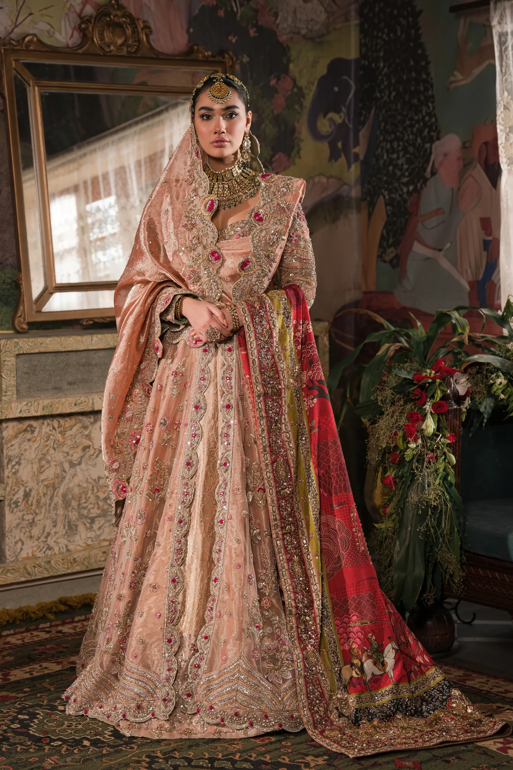 Coral, Peach And Gold Bridal Peshwas And Lehnga Set (br-08) By Ammara Khan - Image 5