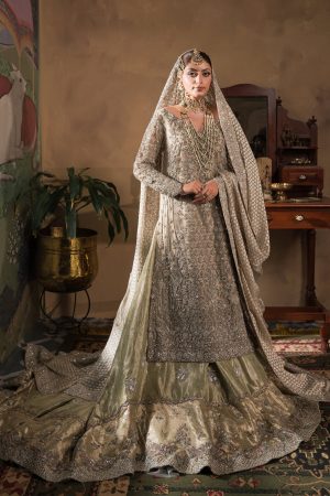 Silvery Champagne And Mint Farshi Lehnga Bridal (br-12) By Ammara Khan