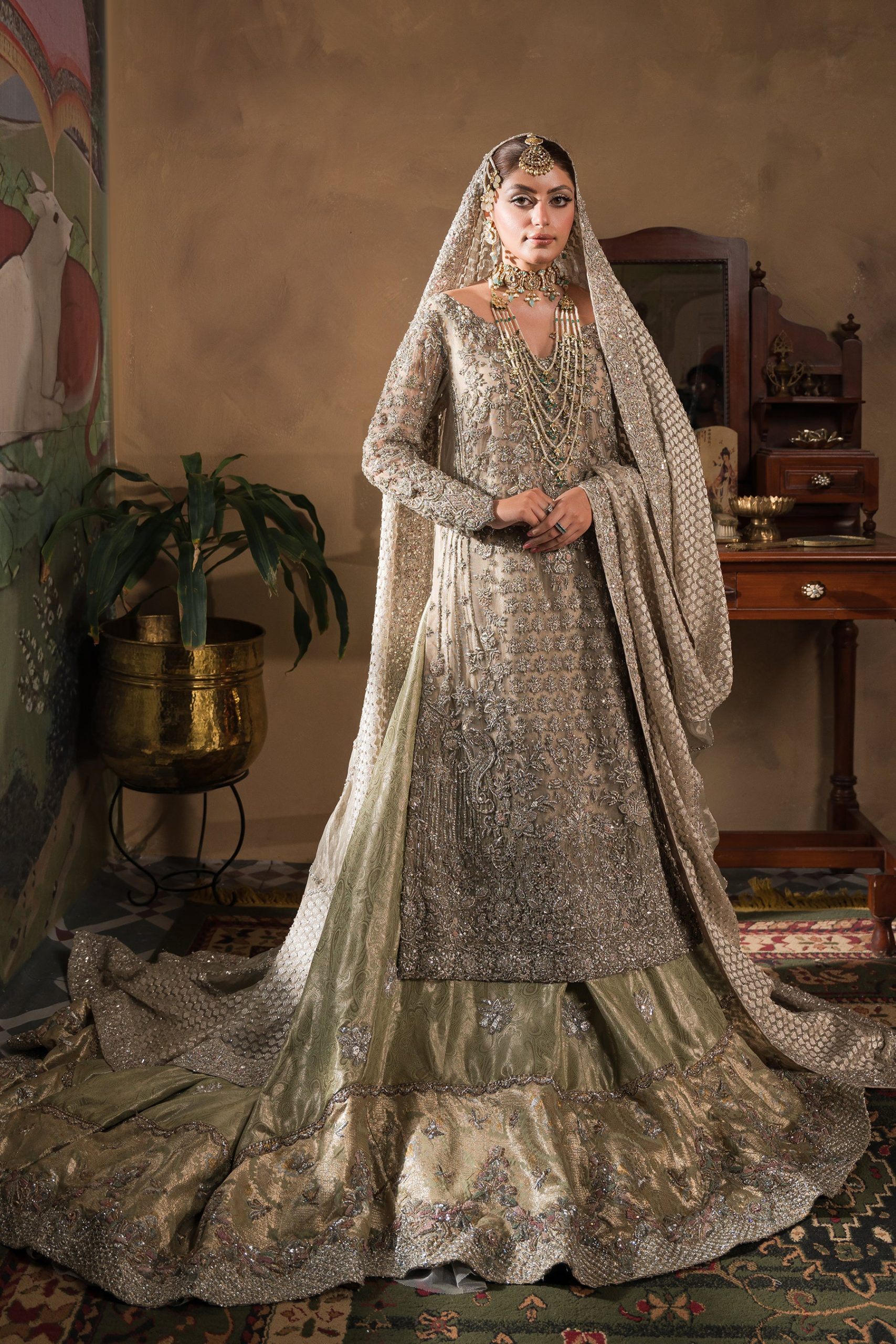 Silvery Champagne And Mint Farshi Lehnga Bridal (br-12) By Ammara Khan
