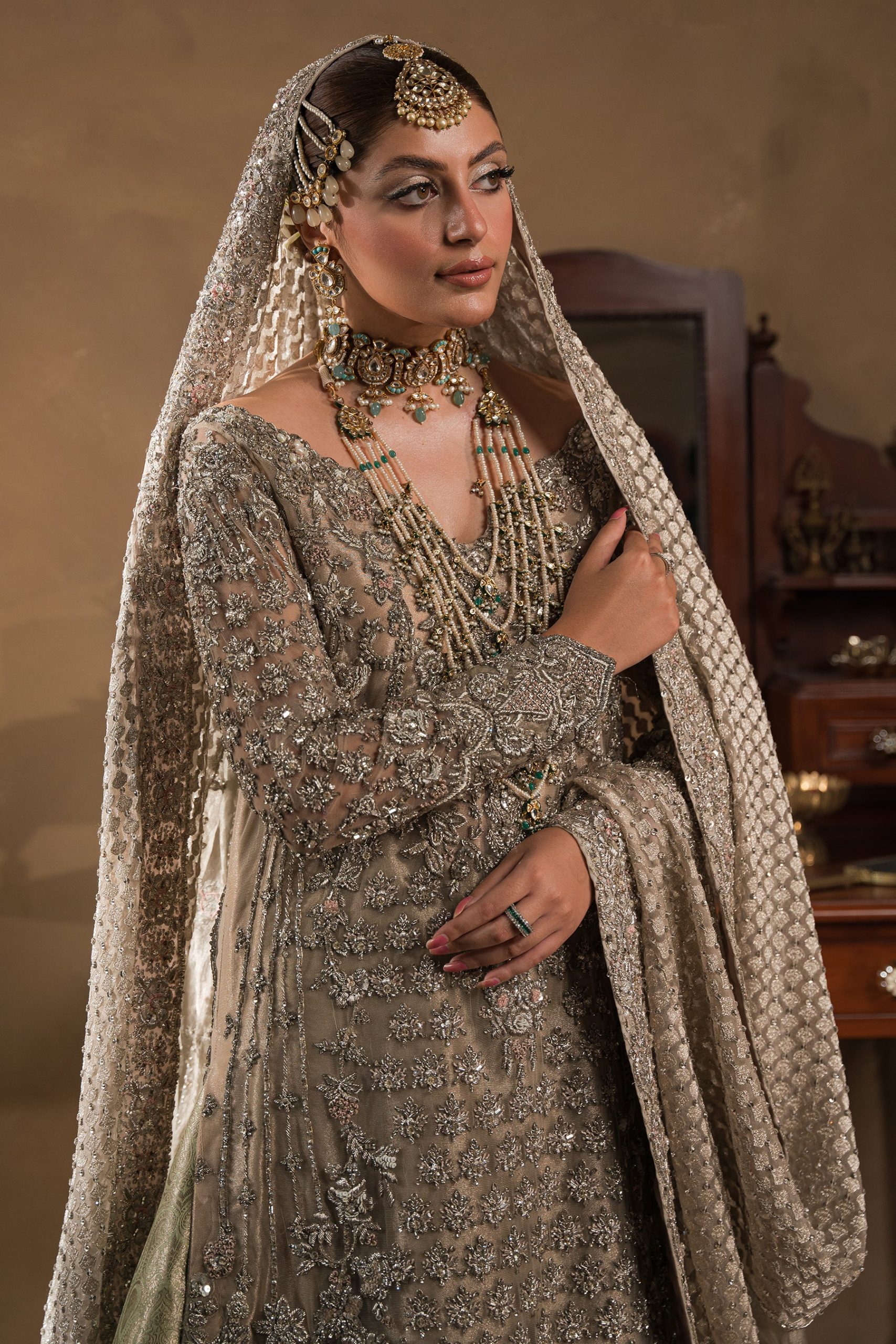 Silvery Champagne And Mint Farshi Lehnga Bridal (br-12) By Ammara Khan - Image 4