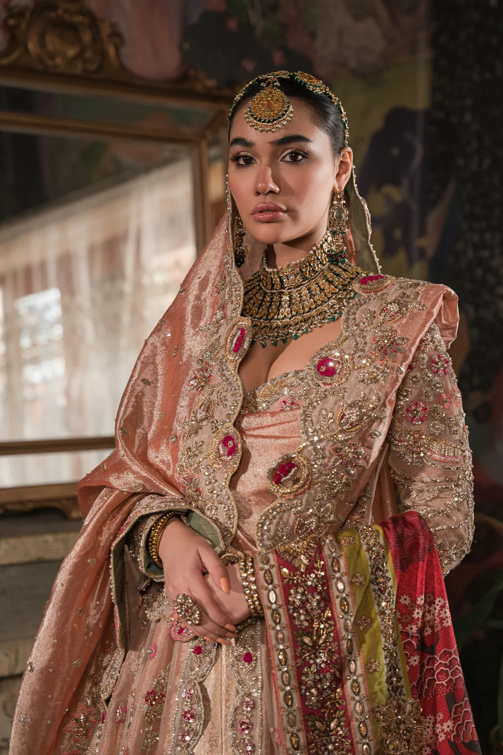 Coral, Peach And Gold Bridal Peshwas And Lehnga Set (br-08) By Ammara Khan - Image 3