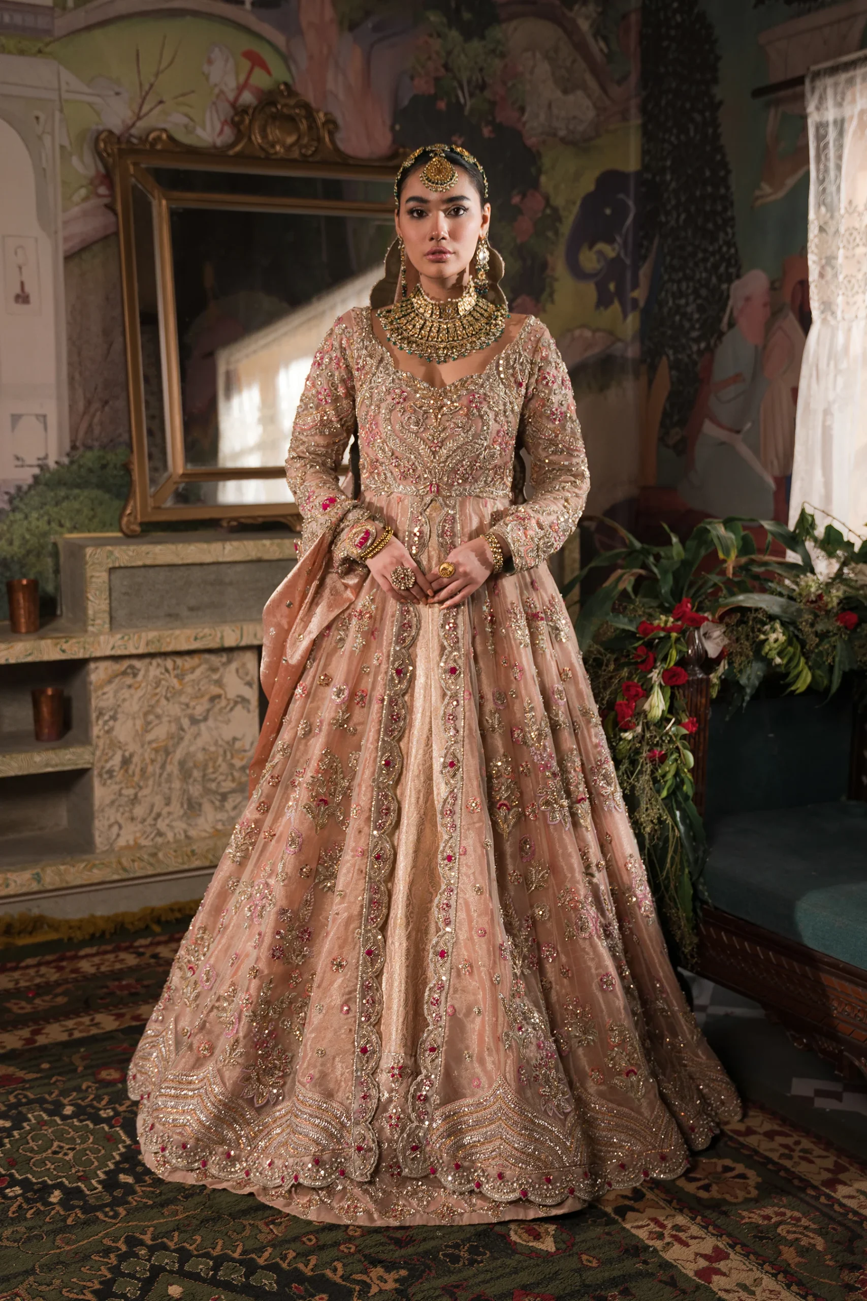 Coral, Peach And Gold Bridal Peshwas And Lehnga Set (br-08) By Ammara Khan