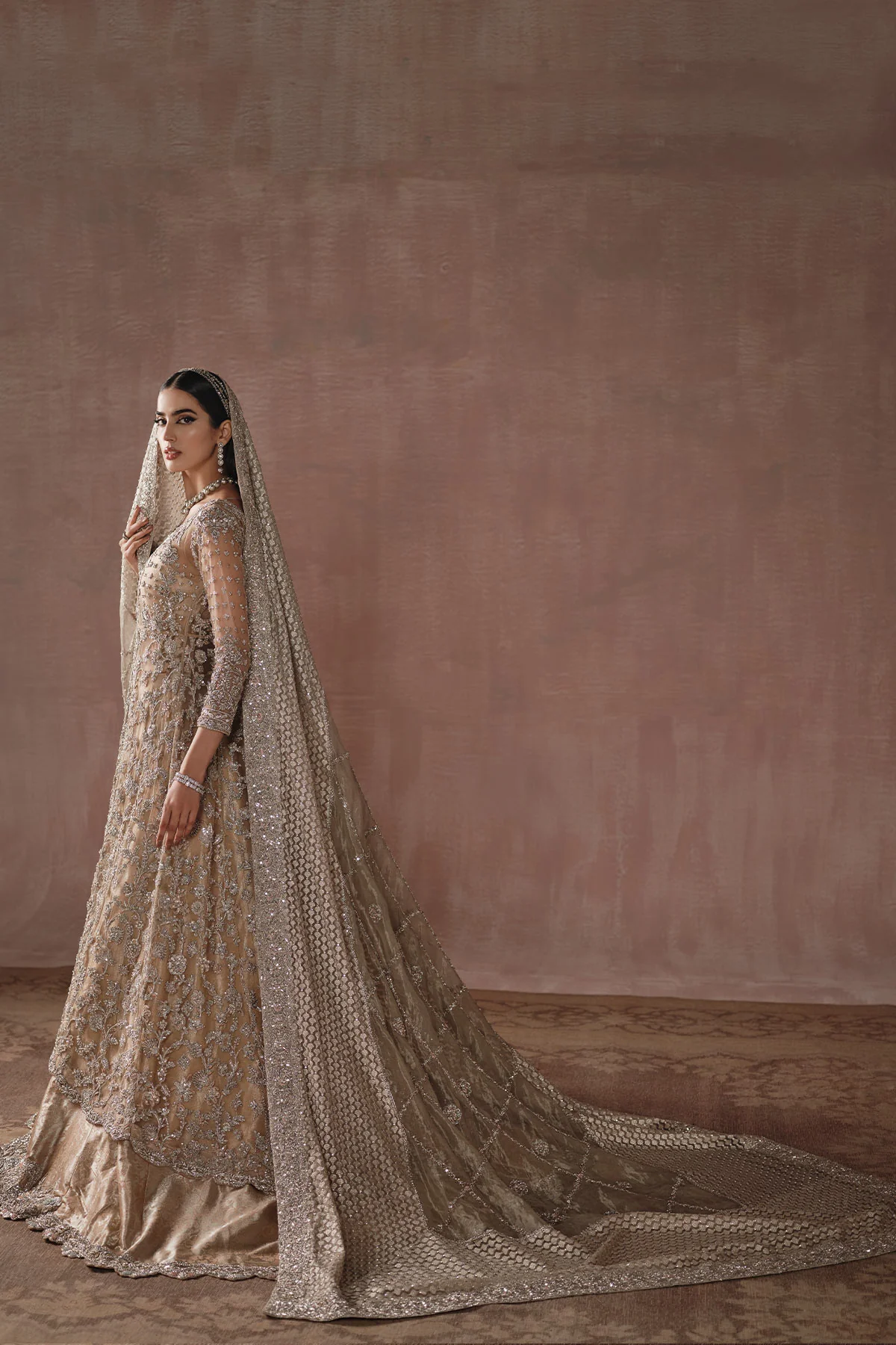 Grand Champagne Gold Reception Bridal Gown (d-01) By Ammara Khan - Image 4
