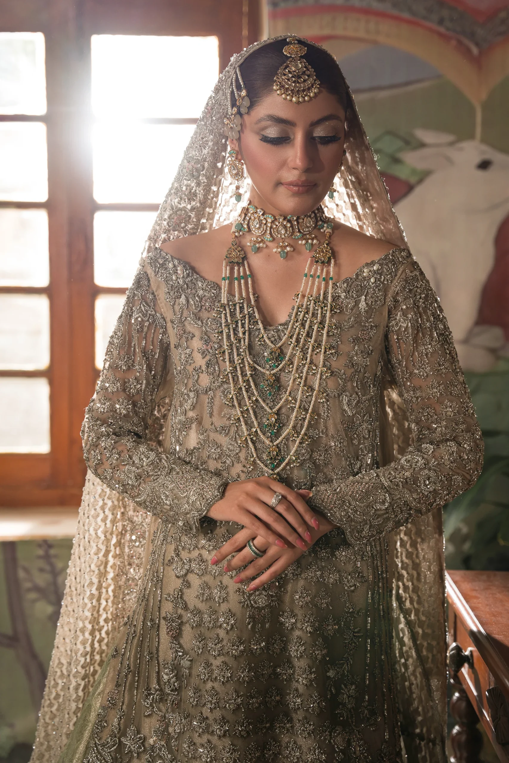 Silvery Champagne And Mint Farshi Lehnga Bridal (br-12) By Ammara Khan - Image 3