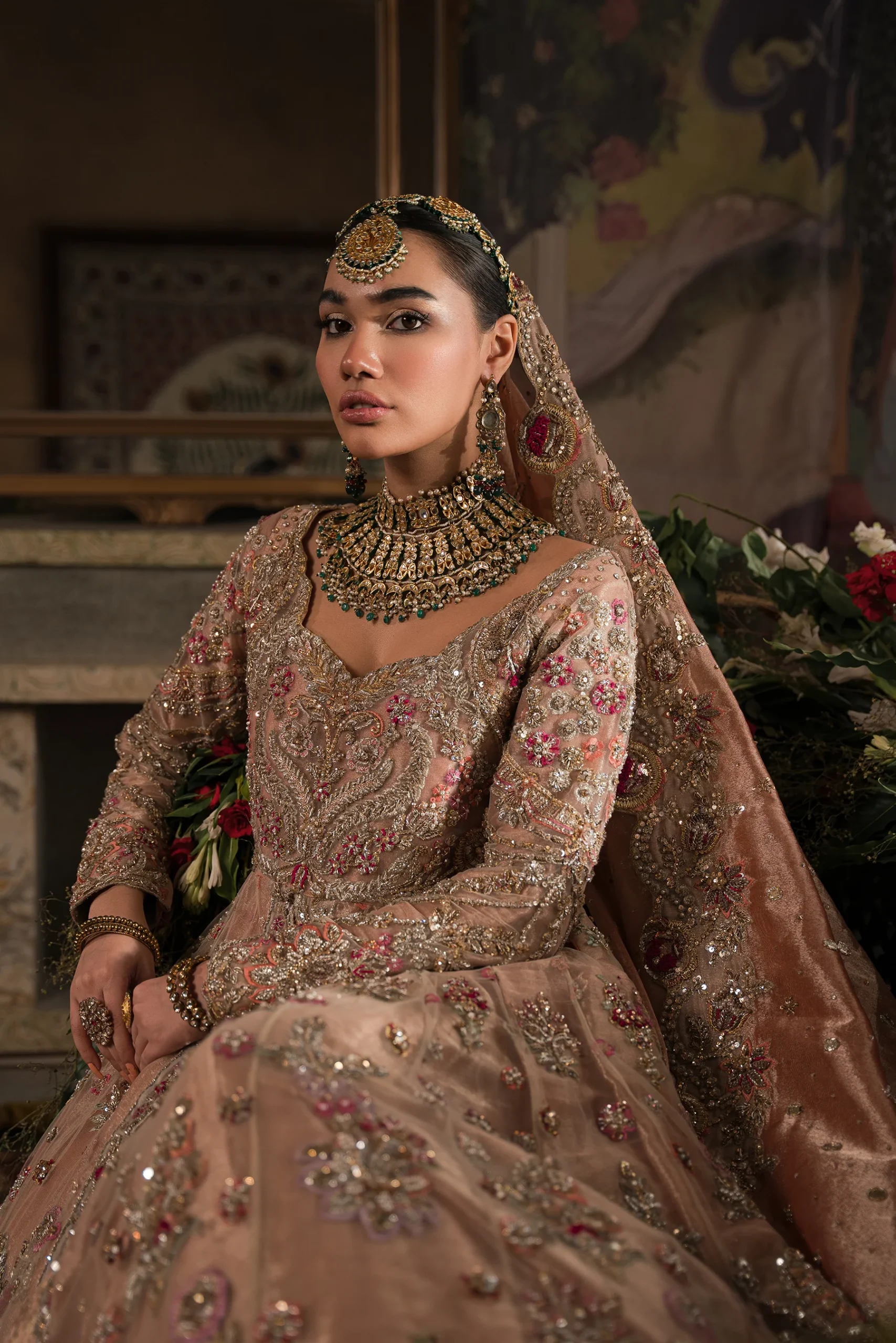 Coral, Peach And Gold Bridal Peshwas And Lehnga Set (br-08) By Ammara Khan - Image 6