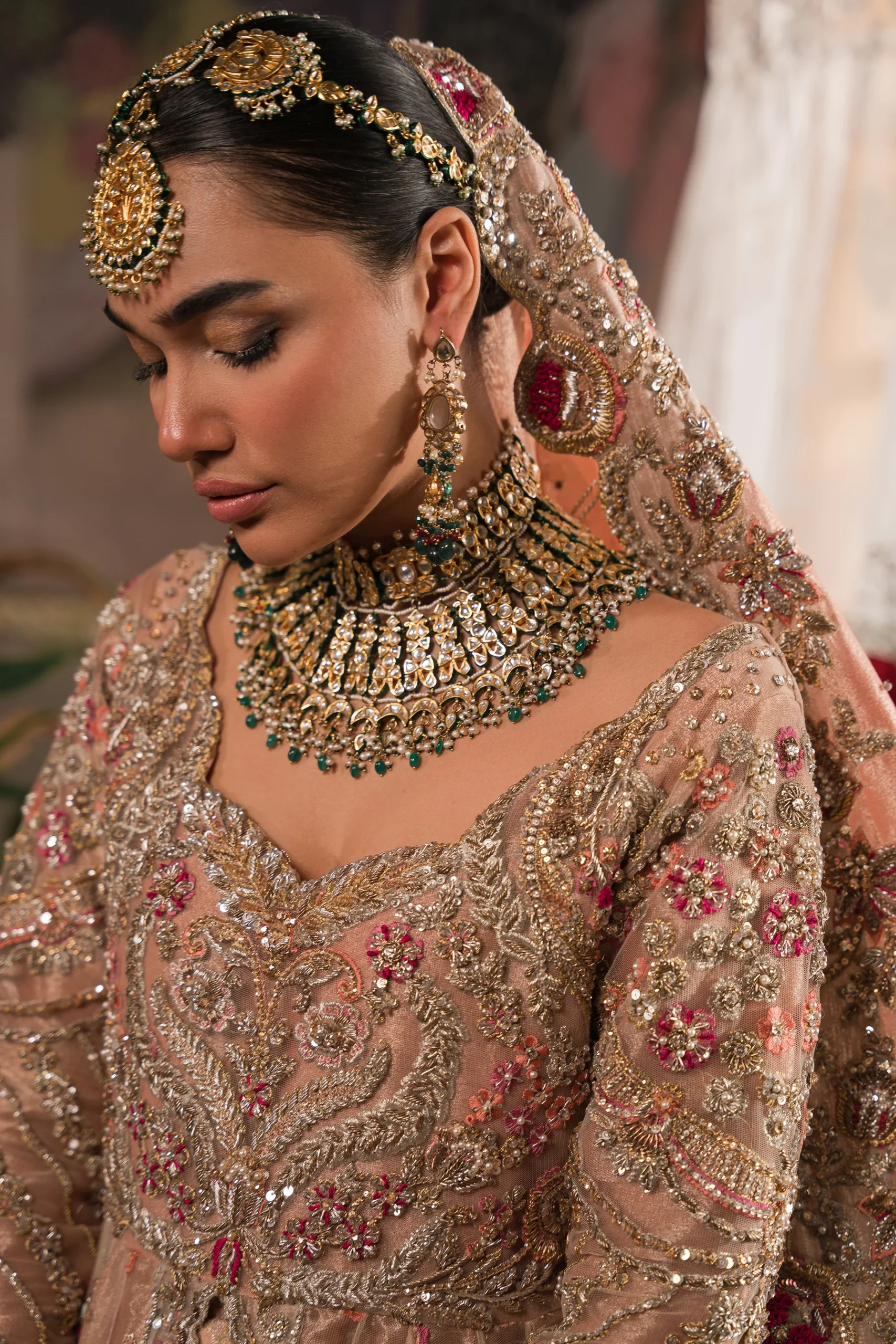Coral, Peach And Gold Bridal Peshwas And Lehnga Set (br-08) By Ammara Khan - Image 4