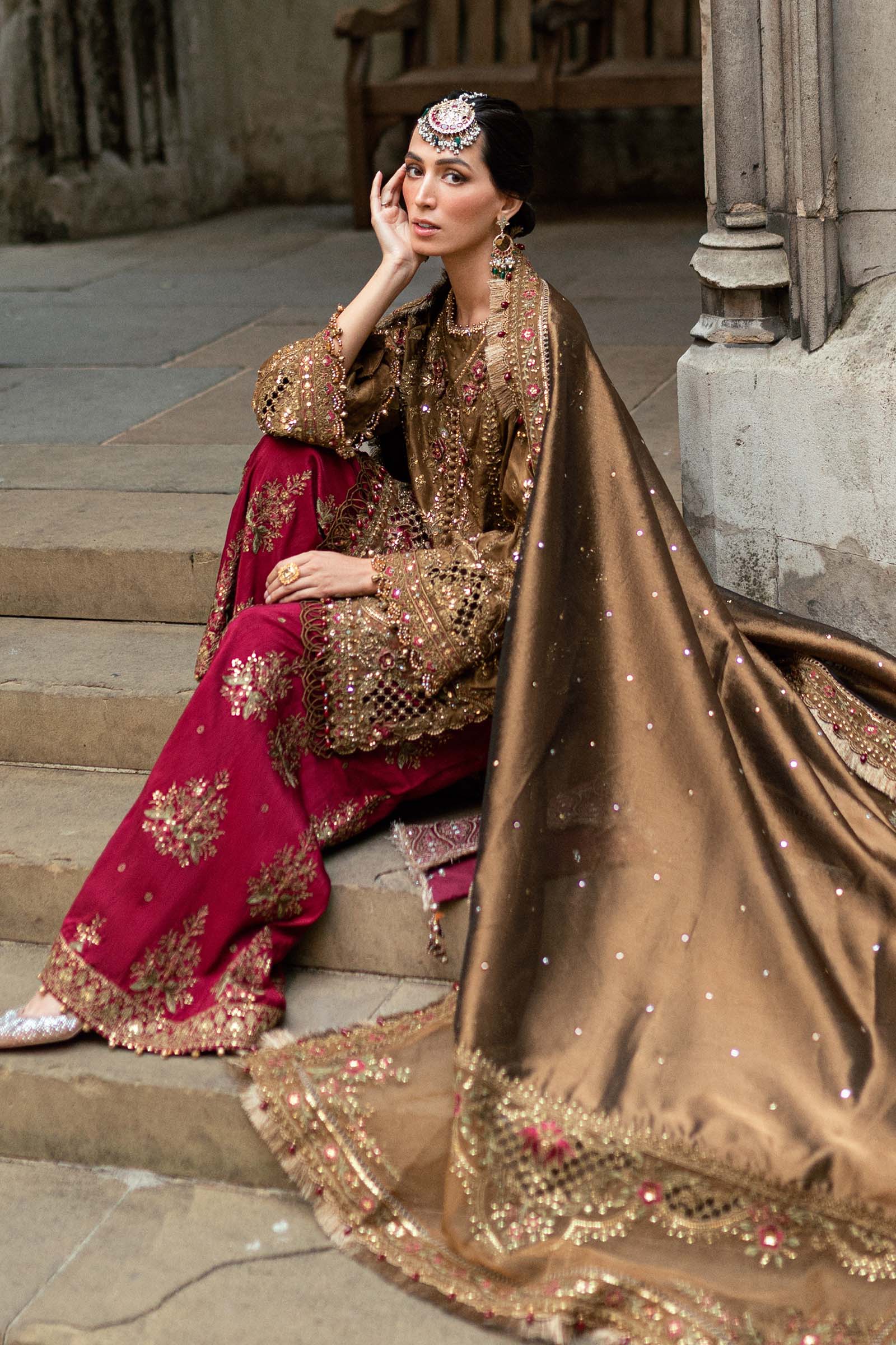 3 Piece Unstitched Embroidered Raw Silk Suit WF 09 04 Tambaku Brown - Image 5