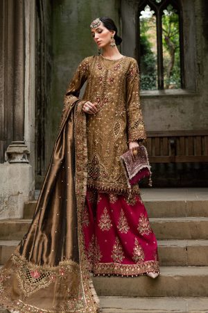 3 Piece Unstitched Embroidered Raw Silk Suit WF 09 04 Tambaku Brown