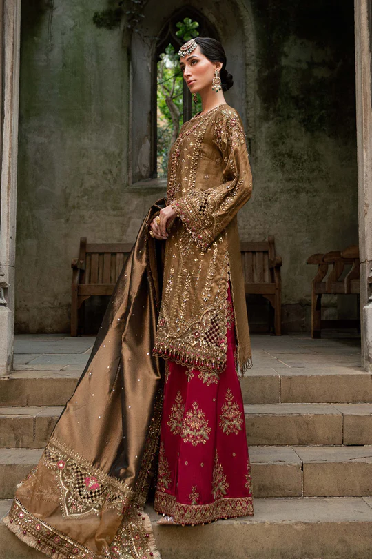 3 Piece Unstitched Embroidered Raw Silk Suit WF 09 04 Tambaku Brown - Image 2