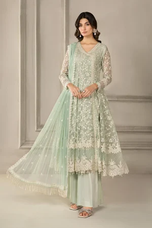 3 Piece Embroidered Organza Suit Sf Ef24 09 Light Green