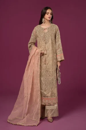 3 Piece Embroidered Organza Suit Sf Ef24 46 Coffee
