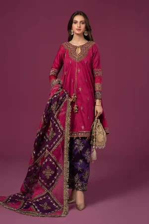 3 Piece Embroidered Raw Silk Suit Sf Ef24 75 Pink