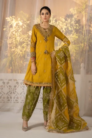 3 Piece Embroidered Raw Silk Suit Sf ef 24 75 Mustard