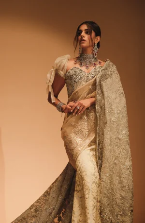 Aarzu Golden Saree Paired with a Textured Skirt and a Corset By HSY