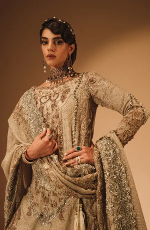 Andaaz Bridal Shirt in French Beige Paired with a Farshi Gharara By HSY