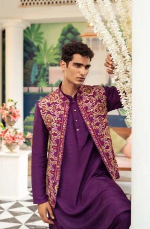 Rangrez Silk Waistcoat with Deep Purple Kurta and Pants By HSY