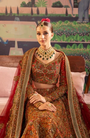 Mumtaz Meticulously Crafted Tangerine Red Bridal Lehenga Choli Ensemble By HSY