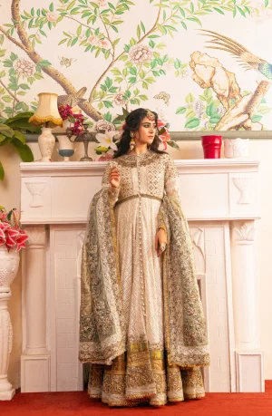 Zeenat Pearl White Pishwas Paired with Organza Dupatta & Chooridar By HSY