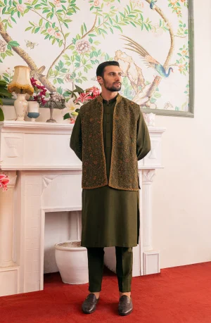Jahaan Olive Green Silk Ensemble By HSY