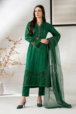 3 Piece Embroidered Linen Suit DW W25 74 Green By Maria B
