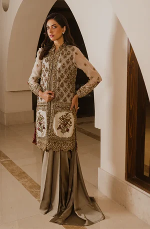 Luxus GlamOlive Green Charmeuse Silk Saree Paired with embellished Organza Jacket By HSY