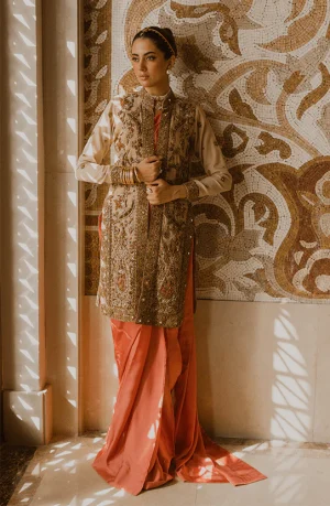 Coral Deluxe Coral Pink Charmeuse Silk Saree Paired with Embellished Organza Jacket By HSY